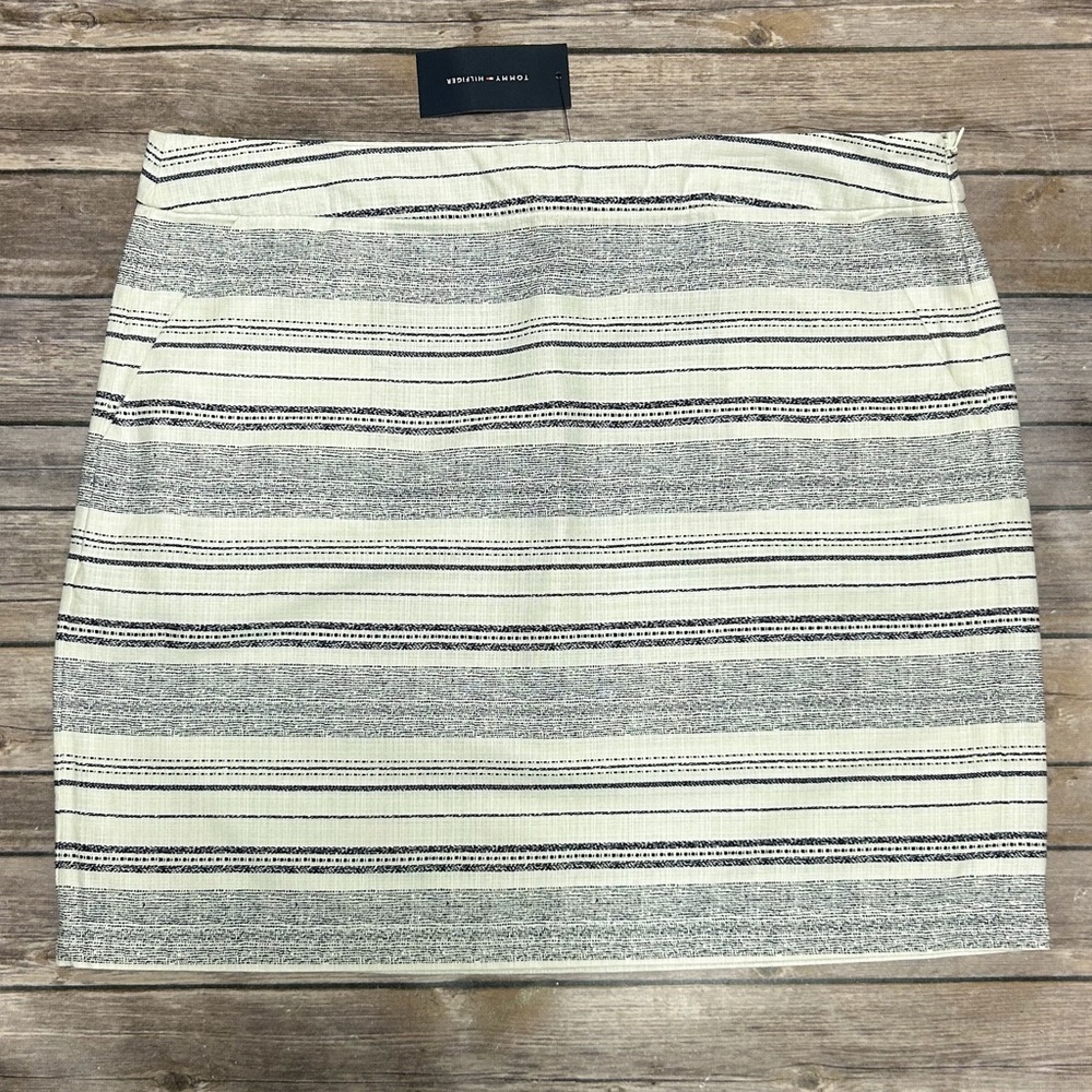Tommy Hilfiger Ivory Navy Blue Abstract Stripe Woven Mini Pencil Skirt NWT 14 - Picture 1 of 6